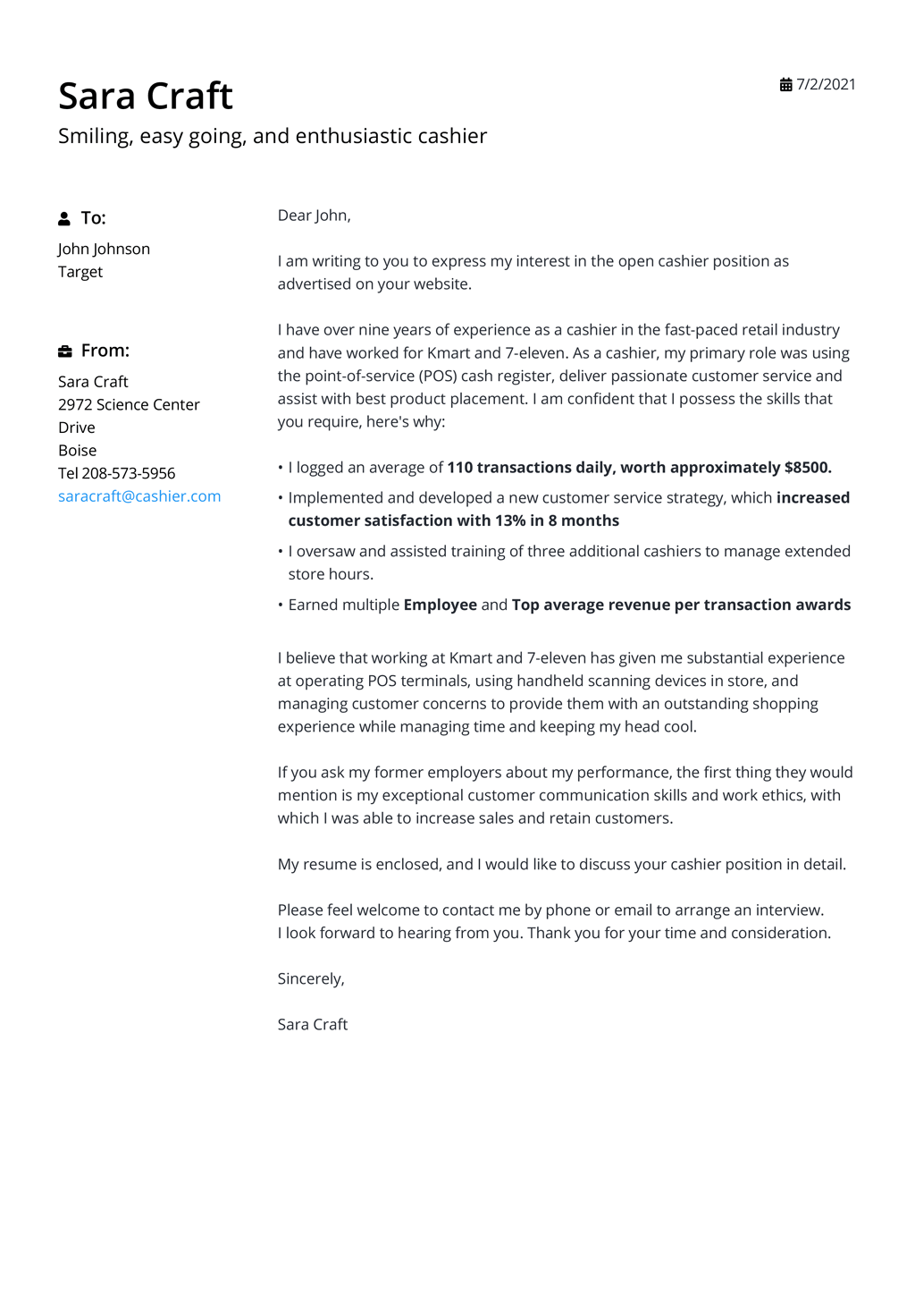 one page cover letter template